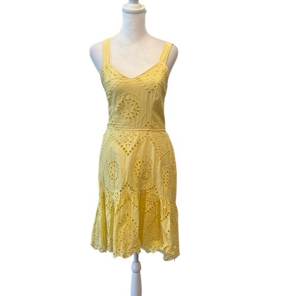Japna szS bright yellow lined eyelet dress shorter in front elastic back EUC - Picture 1 of 12